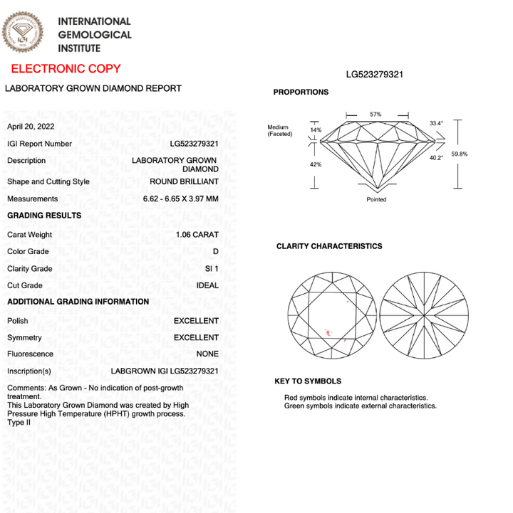 1.06CT Round D SI1 IDEAL 3EX NONE - LG523279321 - Roselle Jewelry