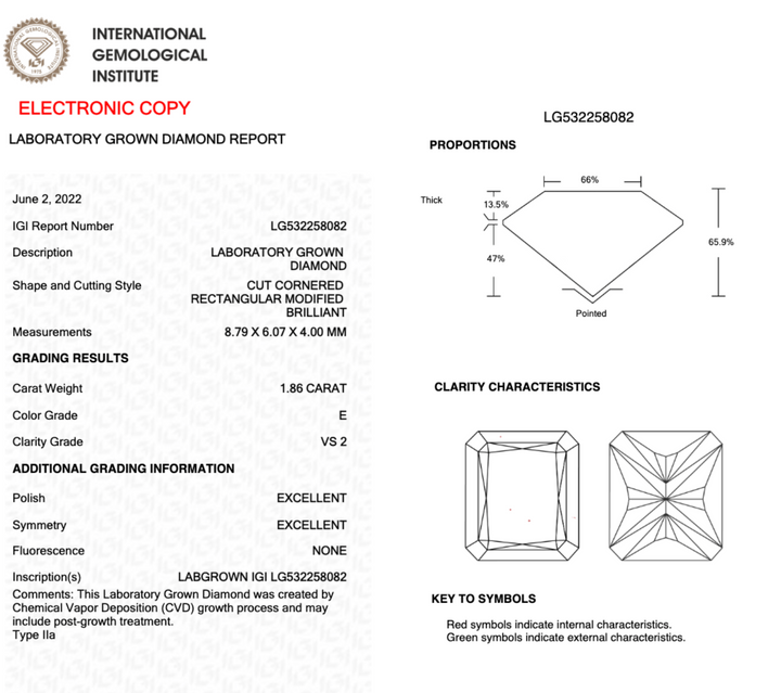 1.86CT D VS2 Radiant Cut EX EX NONE - LG532258082 - Roselle Jewelry