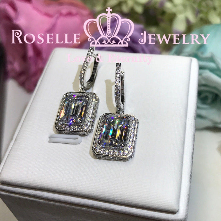 Emerald Cut Halo Drop Earrings - DE2 - Roselle Jewelry