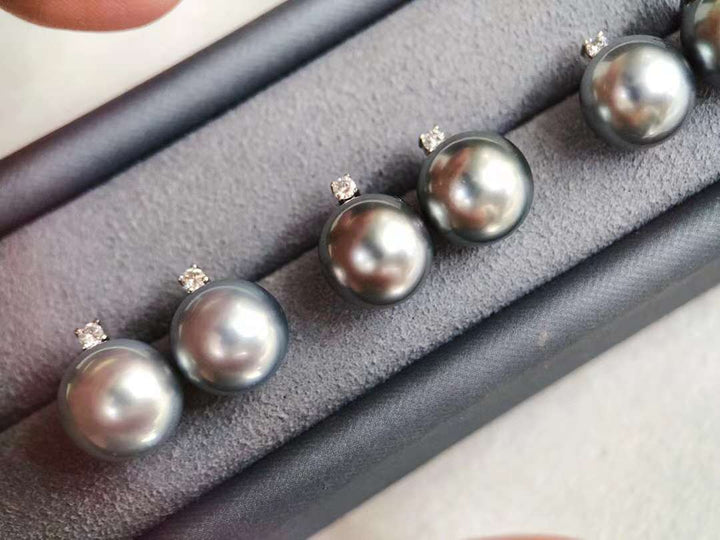 18K 10-11mm Tahitian Pearl With Diamond Stud Earrings - TS017 - Roselle Jewelry